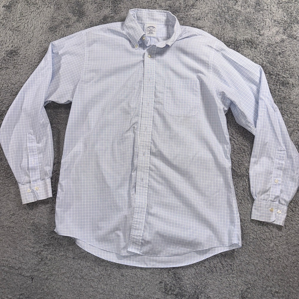 Brooks Brothers 346 Mens 16.5 4/5 Blue White Check Slim Fit Non-Iron Shirt